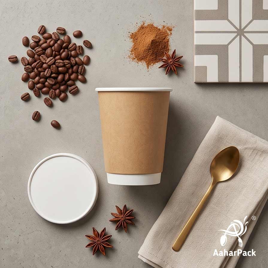 250 ML (8 oz) Kraft Double Wall Paper Cups With Flat Paper Lids (Pack of 150) - 100% Plastic-Free Insulated Takeaway Coffee Cups