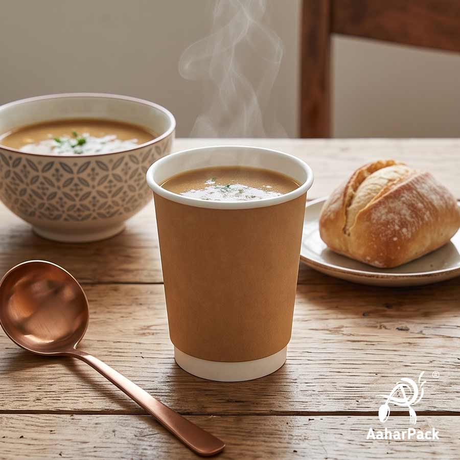 250 ML (8 oz) Kraft Double Wall Paper Cups With Flat Paper Lids (Pack of 150) - 100% Plastic-Free Insulated Takeaway Coffee Cups