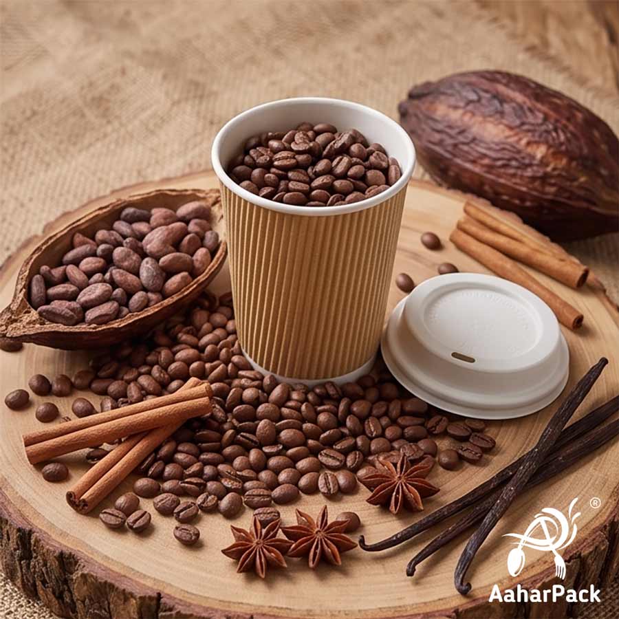 250 ML (8 oz) Kraft Ripple Wall Paper Cups With Bagasse Sipper Lids (Pack of 150) - 100% Compostable Insulated Coffee Cups