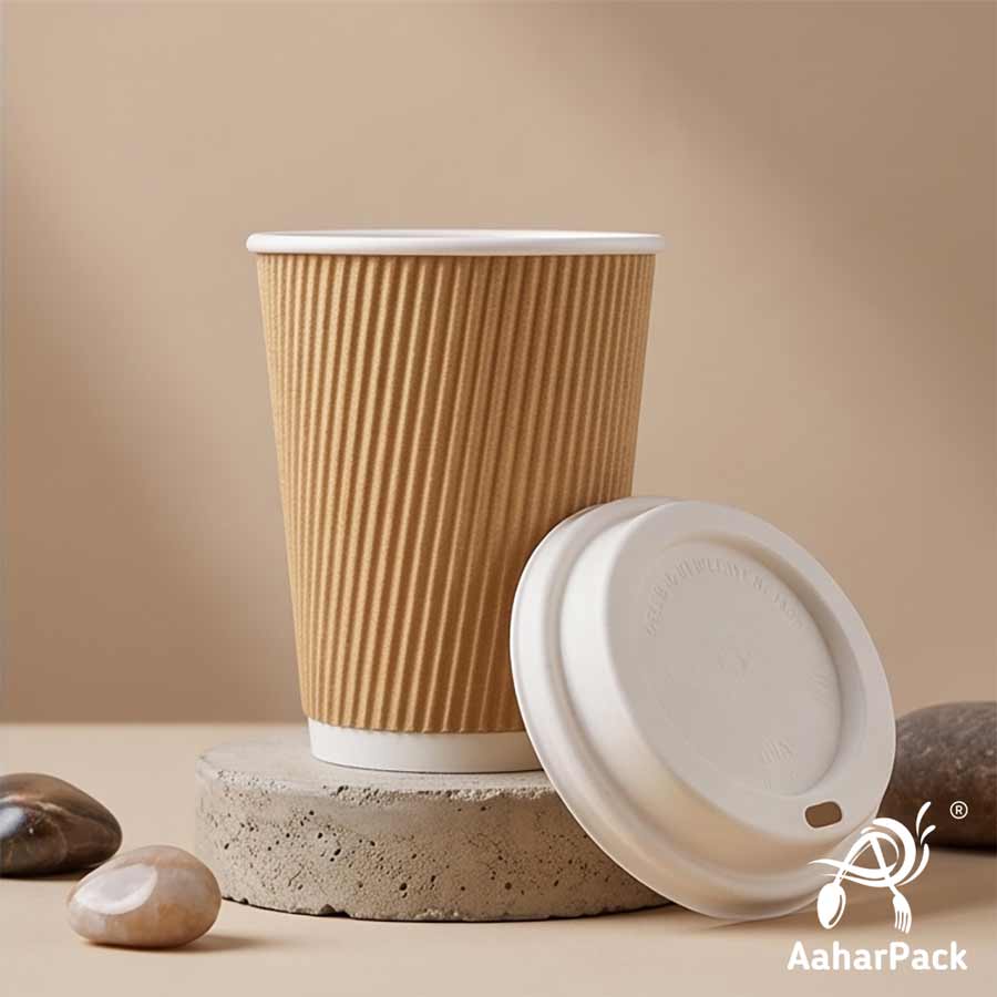 Kraft Ripple Wall Paper Cup with Sugarcane Bagasse Lid