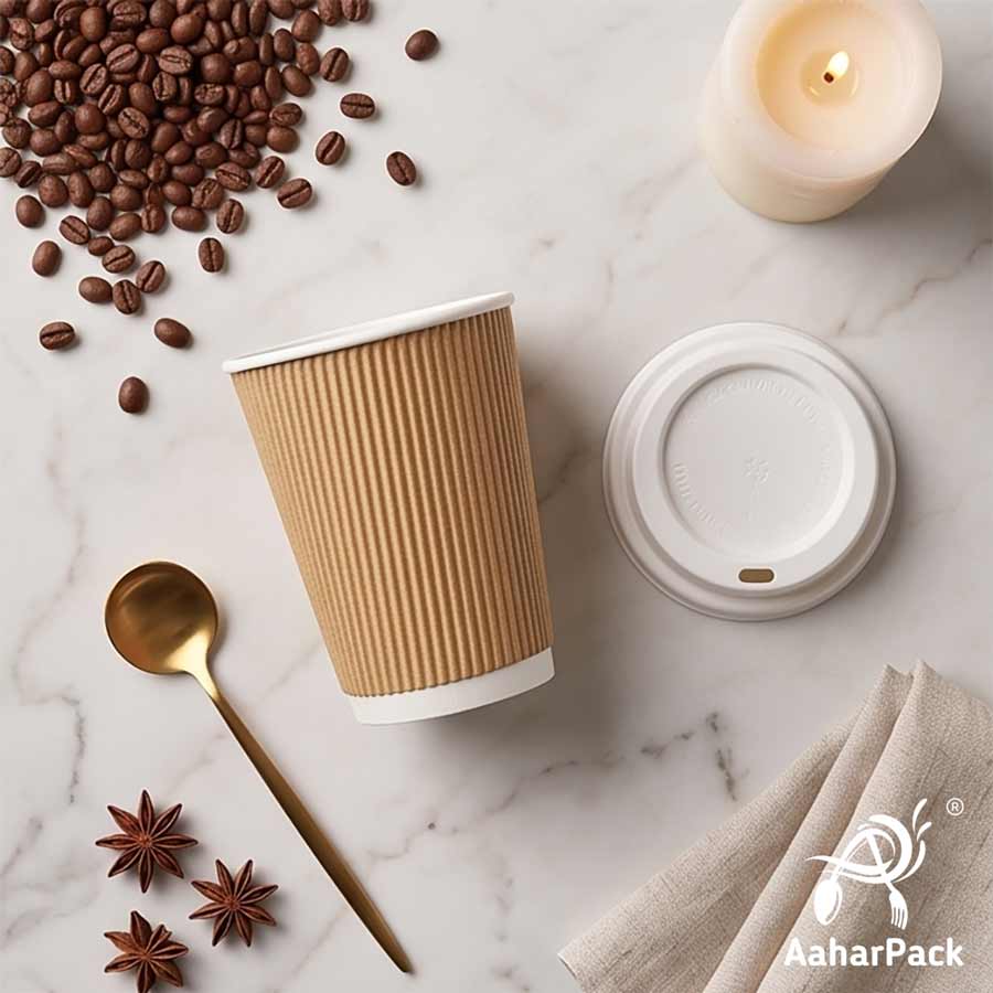 250 ML (8 oz) Kraft Ripple Wall Paper Cups With Bagasse Sipper Lids (Pack of 150) - 100% Compostable Insulated Coffee Cups