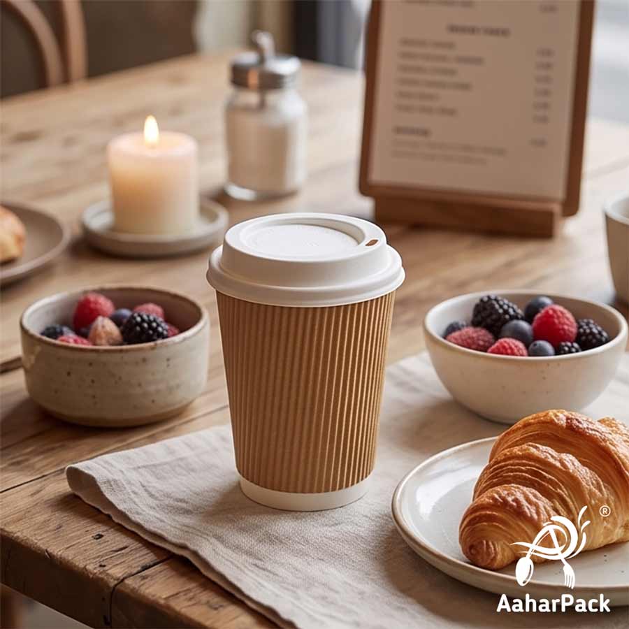 250 ML (8 oz) Kraft Ripple Wall Paper Cups With Bagasse Sipper Lids (Pack of 150) - 100% Compostable Insulated Coffee Cups