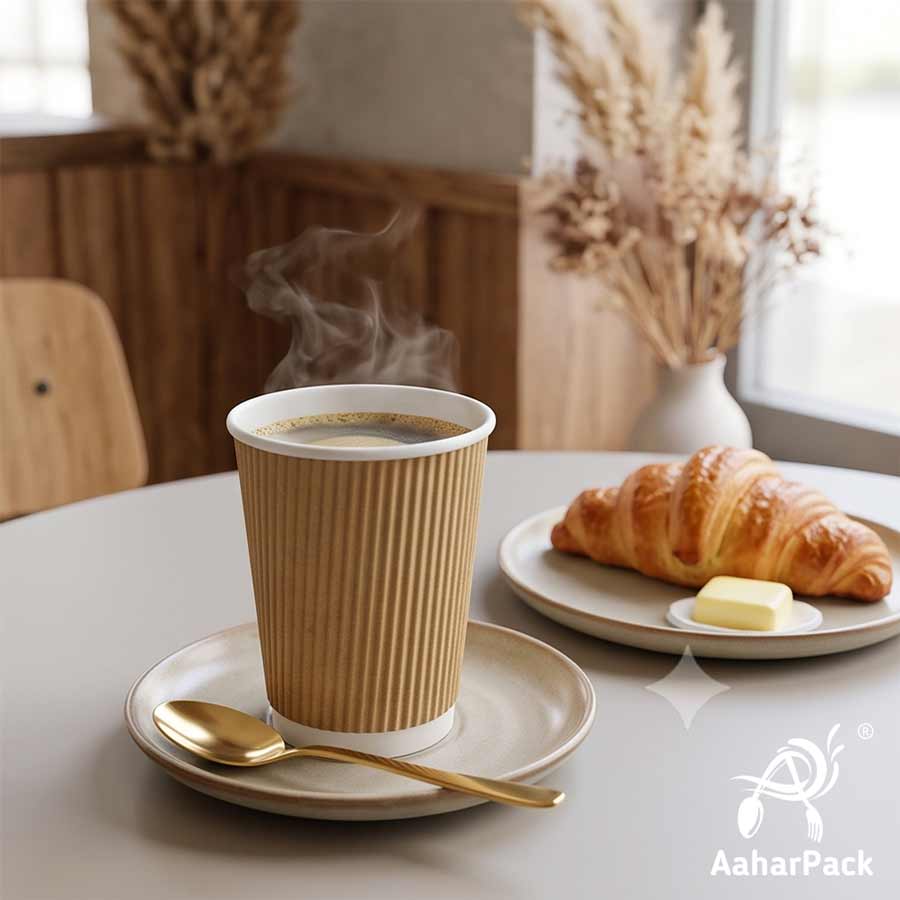 250 ML (8 oz) Kraft Ripple Wall Paper Cups With Bagasse Sipper Lids (Pack of 150) - 100% Compostable Insulated Coffee Cups