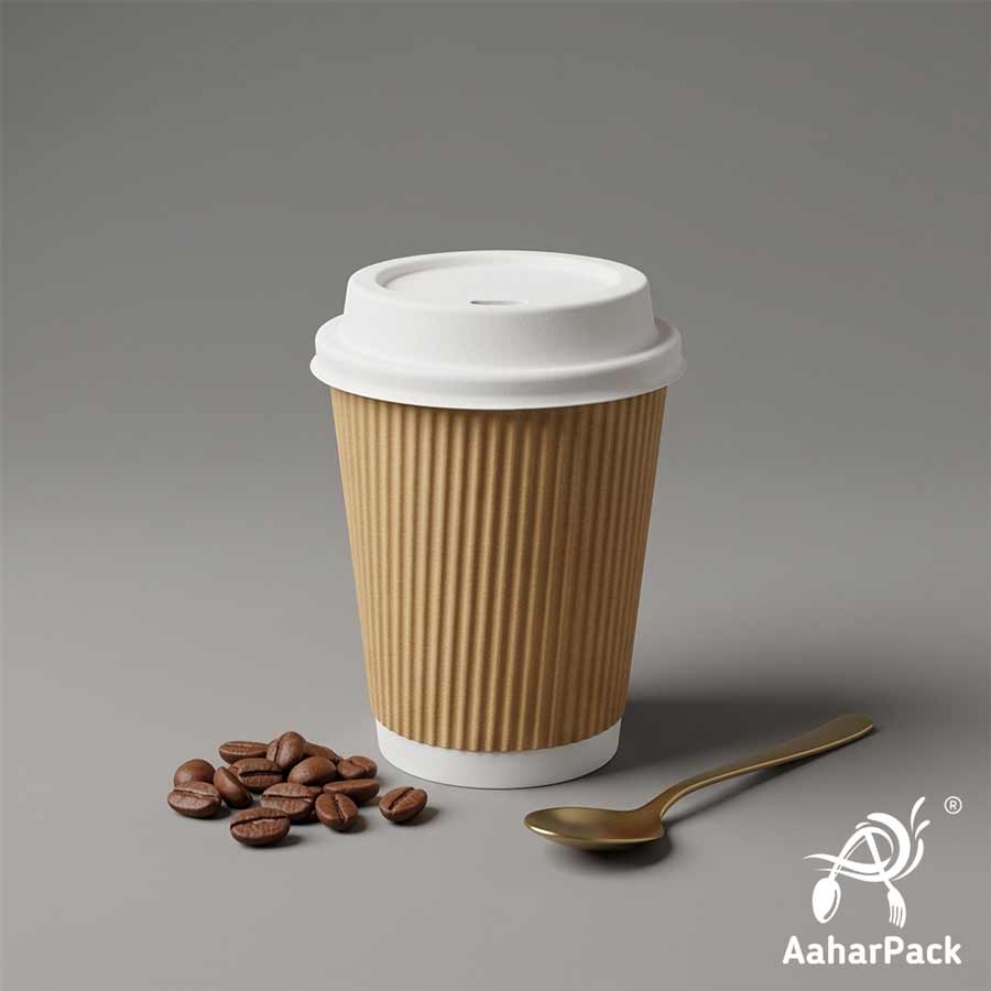 250 ML (8 oz) Kraft Ripple Wall Paper Cups With Bagasse Sipper Lids (Pack of 150) - 100% Compostable Insulated Coffee Cups