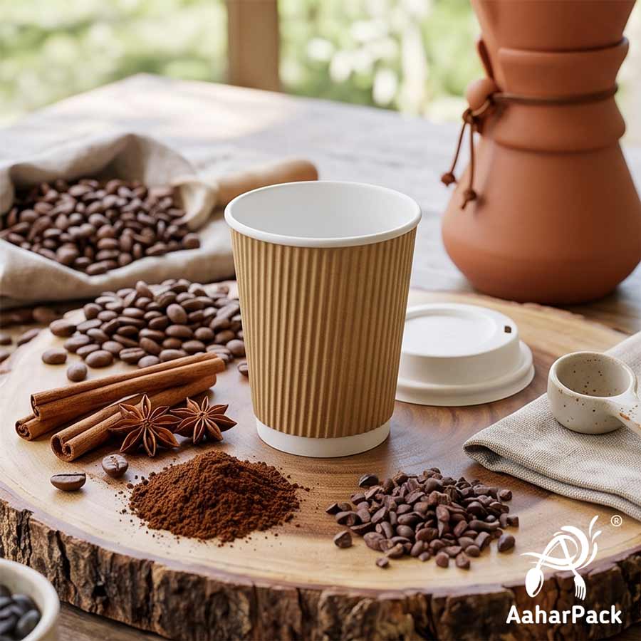 250 ML (8 oz) Kraft Ripple Wall Paper Cups With Bagasse Sipper Lids (Pack of 150) - 100% Compostable Insulated Coffee Cups