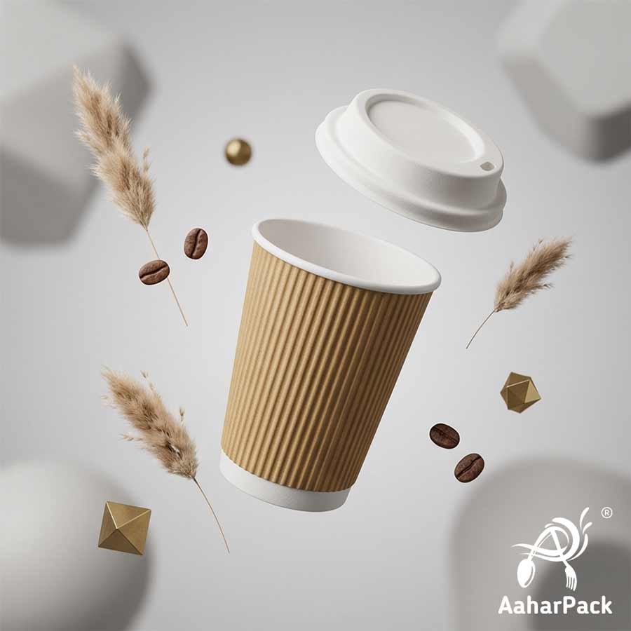 250 ML (8 oz) Kraft Ripple Wall Paper Cups With Bagasse Sipper Lids (Pack of 150) - 100% Compostable Insulated Coffee Cups