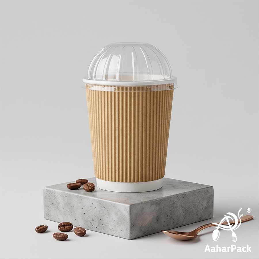 250 ML (8 oz) Kraft Ripple Wall Paper Cups With Dome Lids (Pack of 150) - Premium Insulated Eco-Friendly Coffee Cups