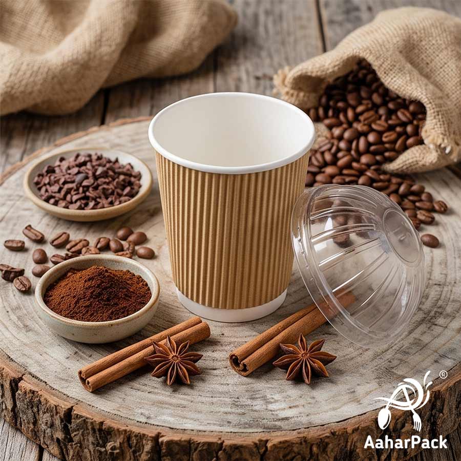250 ML (8 oz) Kraft Ripple Wall Paper Cups With Dome Lids (Pack of 150) - Premium Insulated Eco-Friendly Coffee Cups