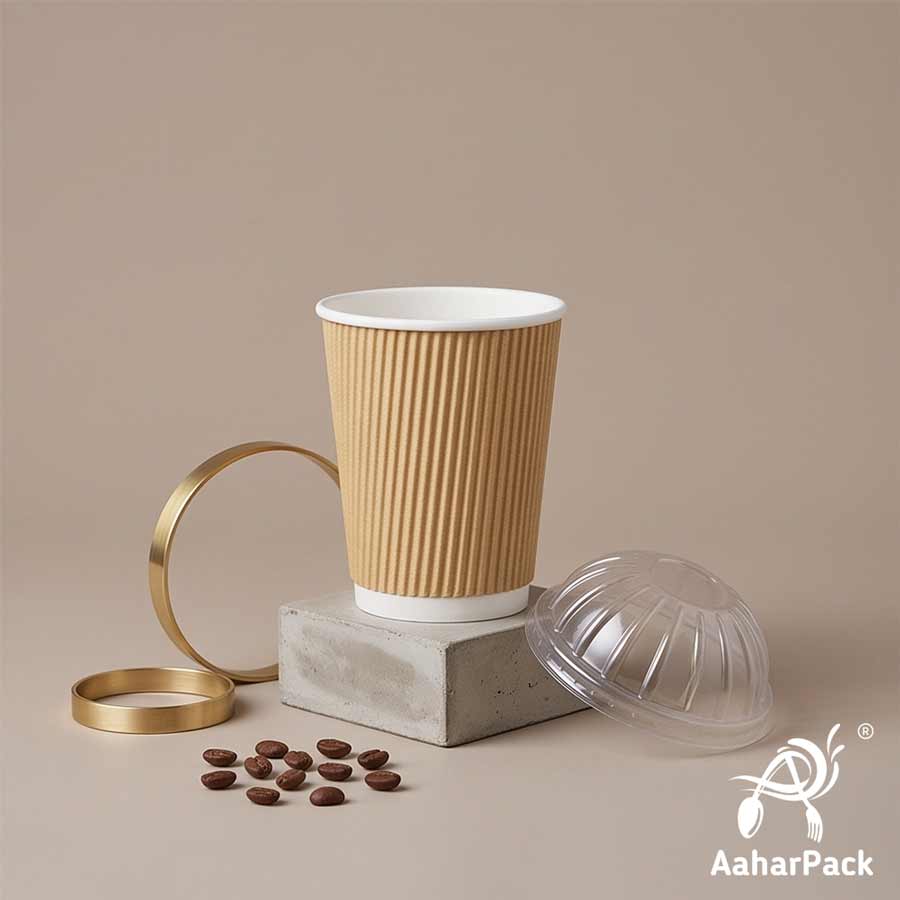 250 ML (8 oz) Kraft Ripple Wall Paper Cups With Dome Lids (Pack of 150) - Premium Insulated Eco-Friendly Coffee Cups