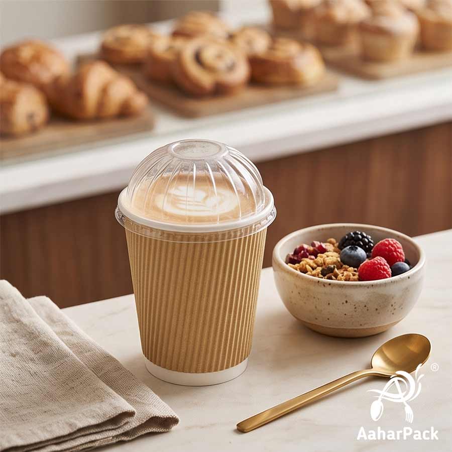 250 ML (8 oz) Kraft Ripple Wall Paper Cups With Dome Lids (Pack of 150) - Premium Insulated Eco-Friendly Coffee Cups