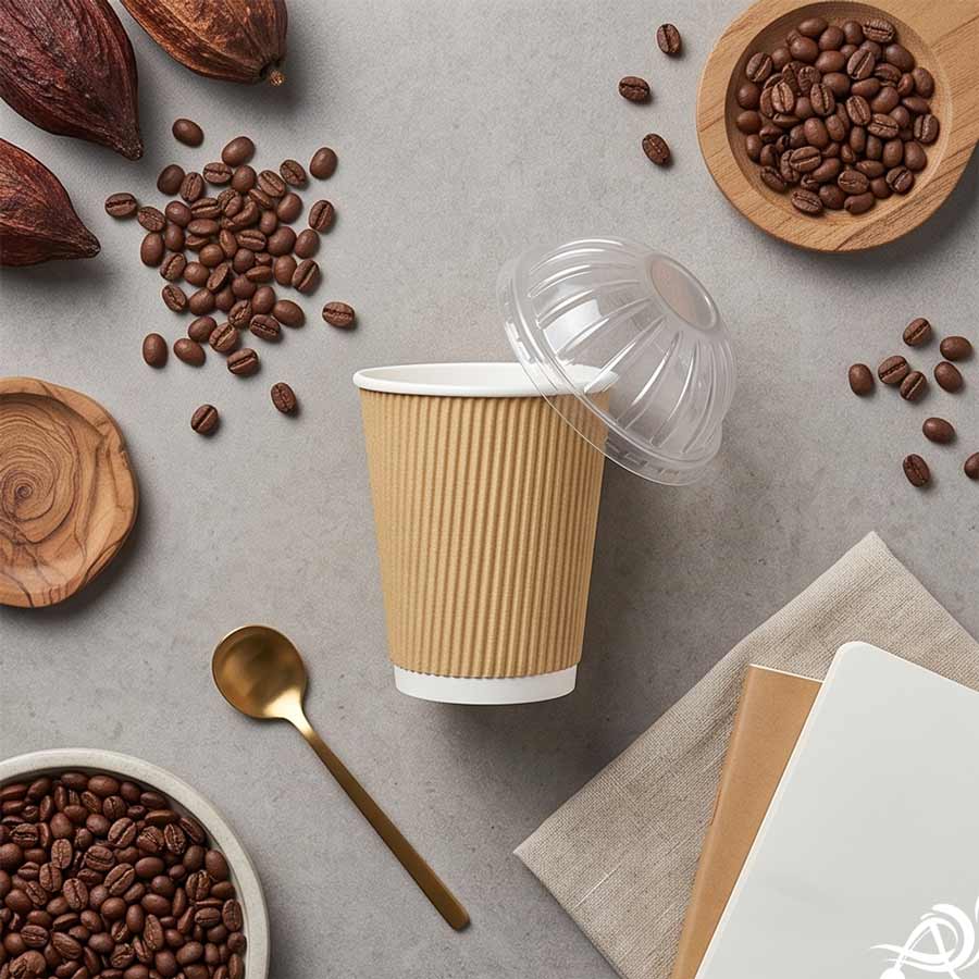 250 ML (8 oz) Kraft Ripple Wall Paper Cups With Dome Lids (Pack of 150) - Premium Insulated Eco-Friendly Coffee Cups
