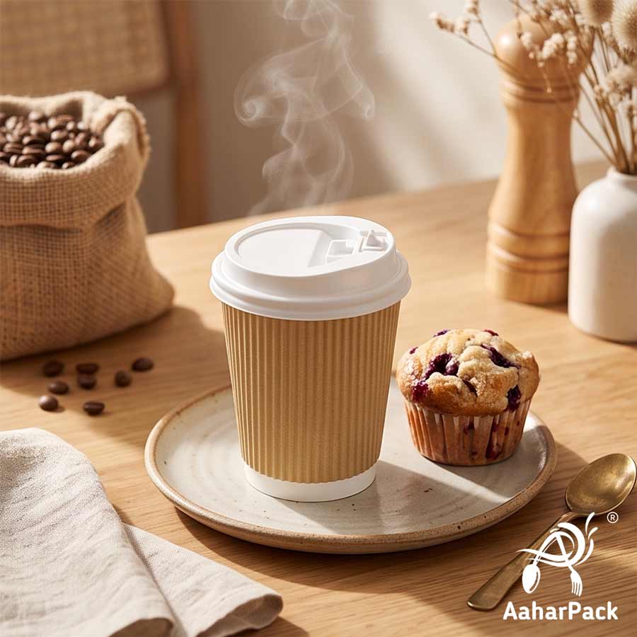250 ML (8 oz) Kraft Ripple Wall Paper Cups with Lockable White Sipper Lids (Pack of 150) - Spill-Proof Insulated Takeaway Cups