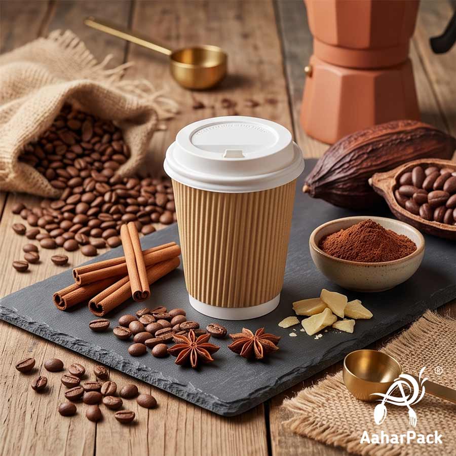 250 ML (8 oz) Kraft Ripple Wall Paper Cups with Lockable White Sipper Lids (Pack of 150) - Spill-Proof Insulated Takeaway Cups