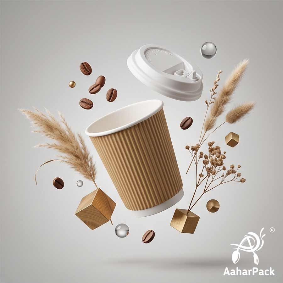 250 ML (8 oz) Kraft Ripple Wall Paper Cups with Lockable White Sipper Lids (Pack of 150) - Spill-Proof Insulated Takeaway Cups