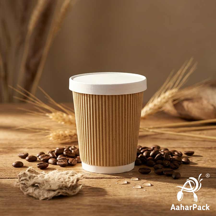 250 ML (8 oz) Kraft Ripple Wall Paper Cups With Flat Paper Lids (Pack of 150) - 100% Plastic-Free Premium Eco-Friendly Coffee Cups