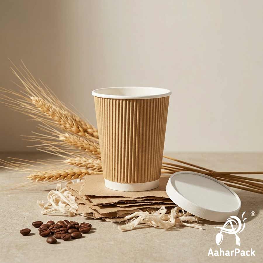 250 ML (8 oz) Kraft Ripple Wall Paper Cups With Flat Paper Lids (Pack of 150) - 100% Plastic-Free Premium Eco-Friendly Coffee Cups