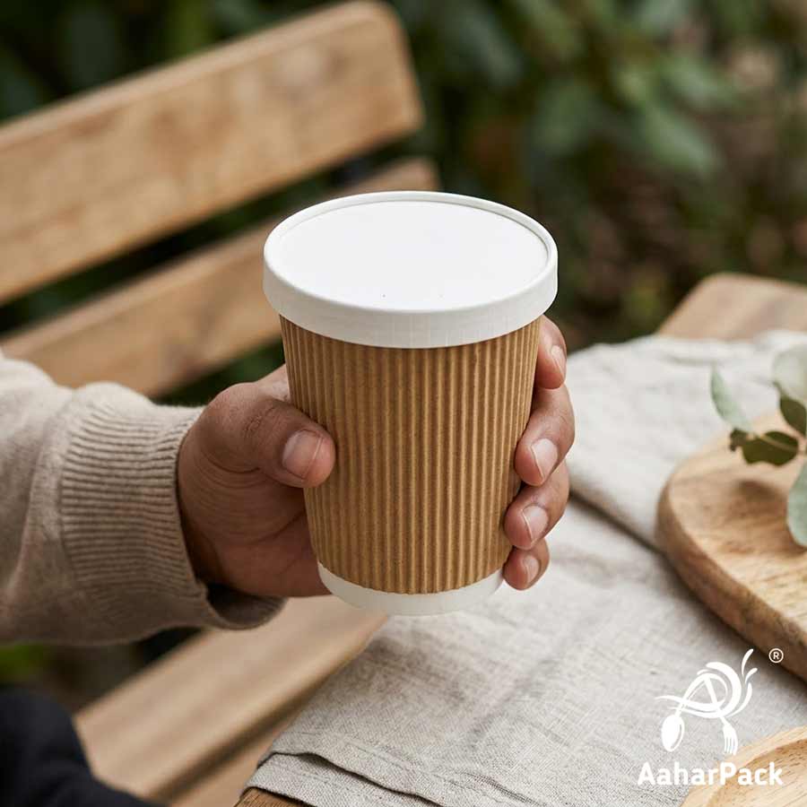250 ML (8 oz) Kraft Ripple Wall Paper Cups With Flat Paper Lids (Pack of 150) - 100% Plastic-Free Premium Eco-Friendly Coffee Cups