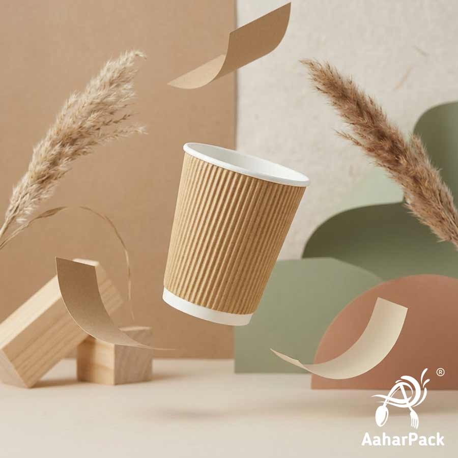 250 ML (8 oz) Kraft Ripple Wall Paper Cups With Flat Paper Lids (Pack of 150) - 100% Plastic-Free Premium Eco-Friendly Coffee Cups