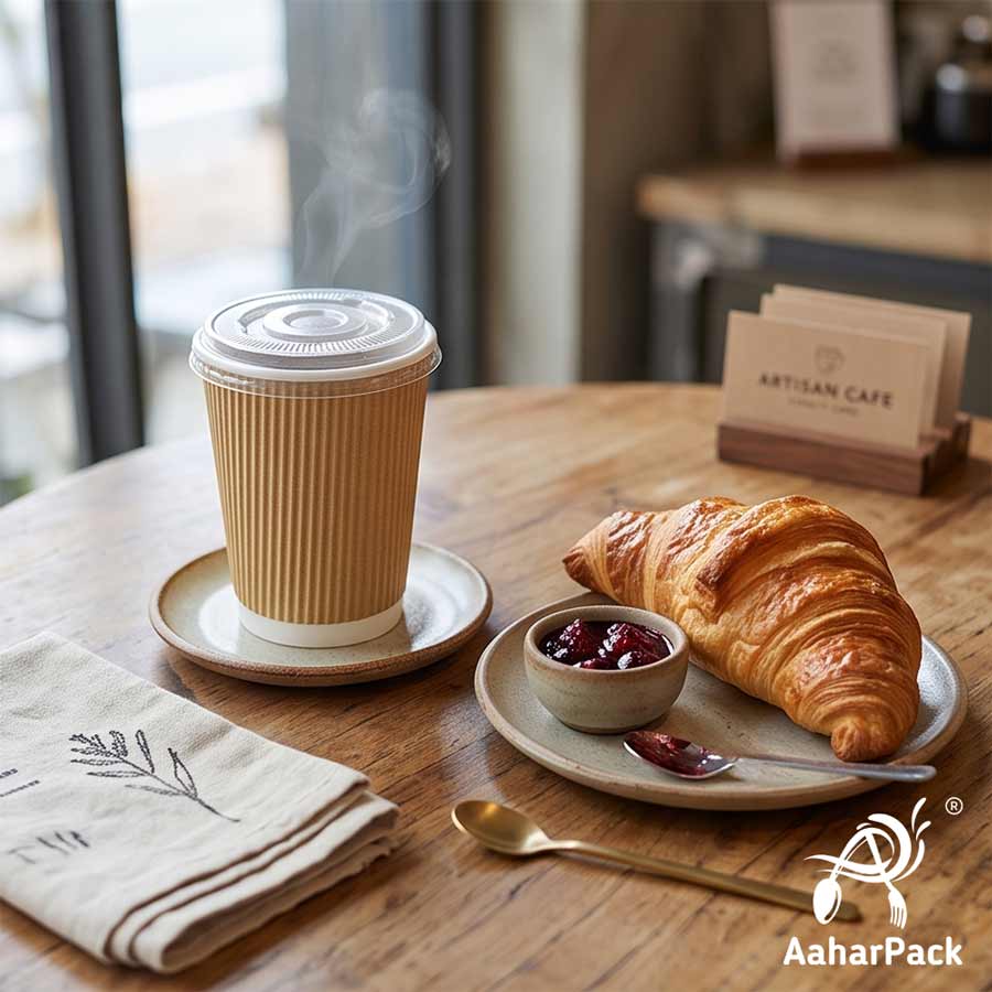 250 ML (8 oz) Kraft Ripple Wall Paper Cups With Flat Plastic Lids (Pack of 300) - Premium Insulated Eco-Friendly Coffee Cups