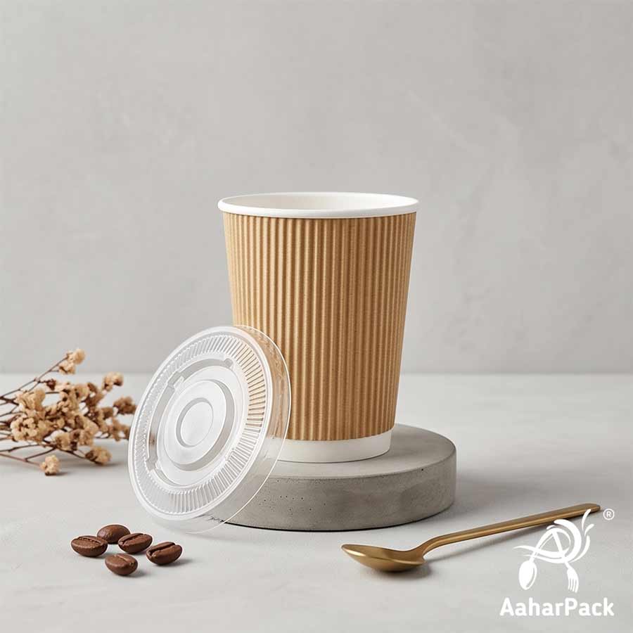250 ML (8 oz) Kraft Ripple Wall Paper Cups With Flat Plastic Lids (Pack of 300) - Premium Insulated Eco-Friendly Coffee Cups