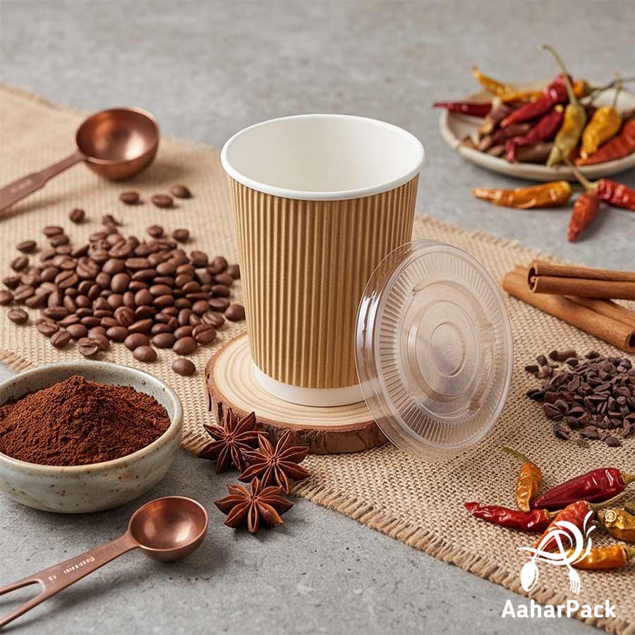 250 ML (8 oz) Kraft Ripple Wall Paper Cups With Flat Plastic Lids (Pack of 300) - Premium Insulated Eco-Friendly Coffee Cups