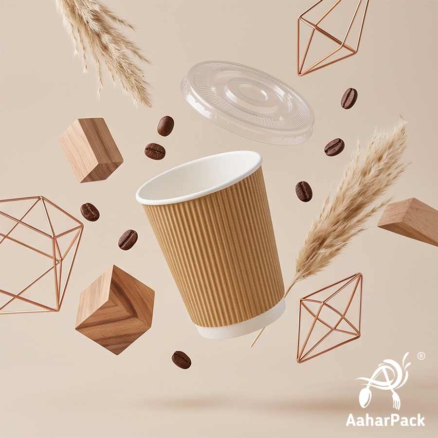 250 ML (8 oz) Kraft Ripple Wall Paper Cups With Flat Plastic Lids (Pack of 300) - Premium Insulated Eco-Friendly Coffee Cups