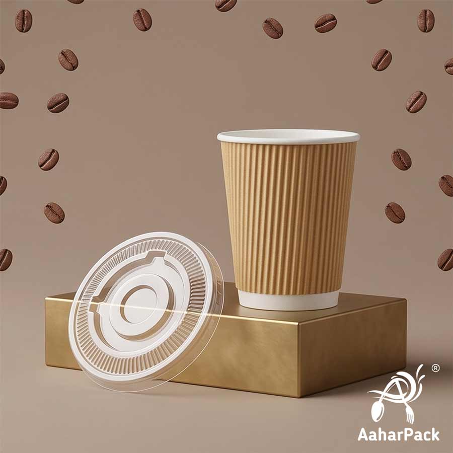 250 ML (8 oz) Kraft Ripple Wall Paper Cups With Flat Plastic Lids (Pack of 300) - Premium Insulated Eco-Friendly Coffee Cups