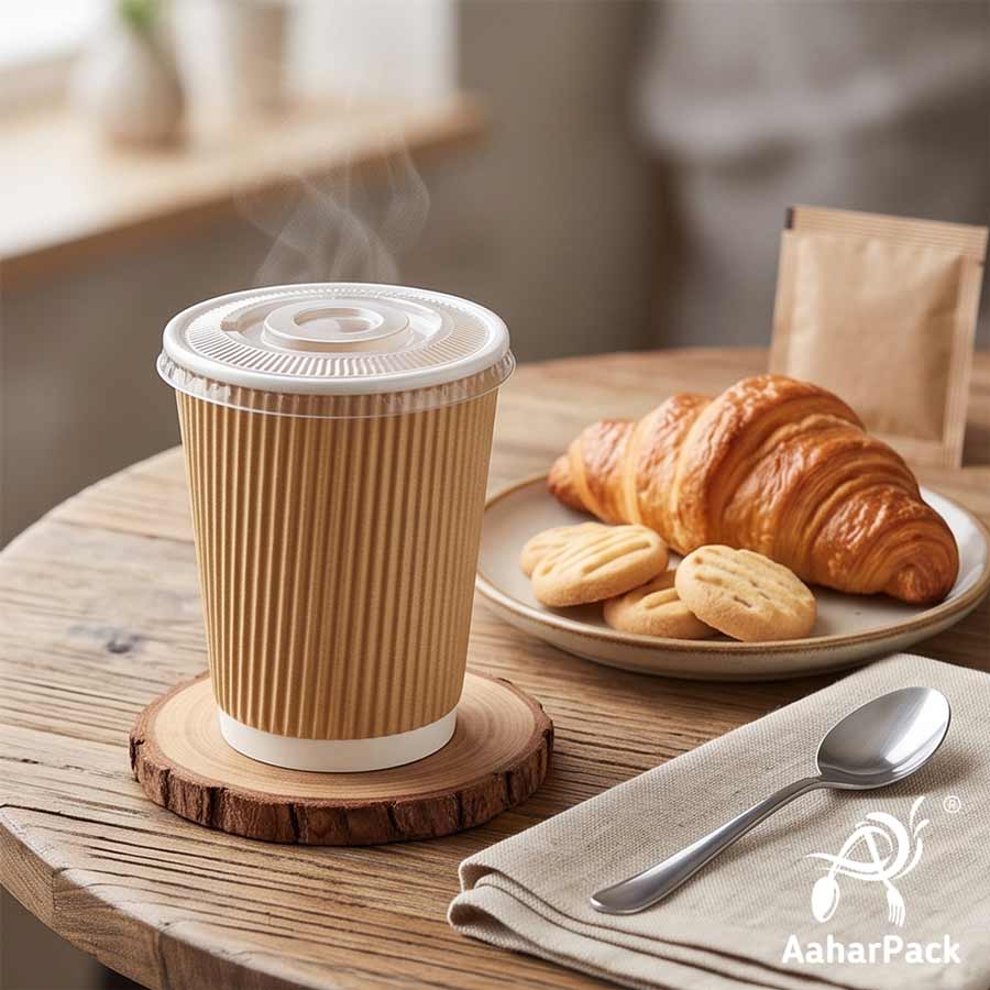 250 ML (8 oz) Kraft Ripple Wall Paper Cups With Flat Plastic Lids (Pack of 300) - Premium Insulated Eco-Friendly Coffee Cups