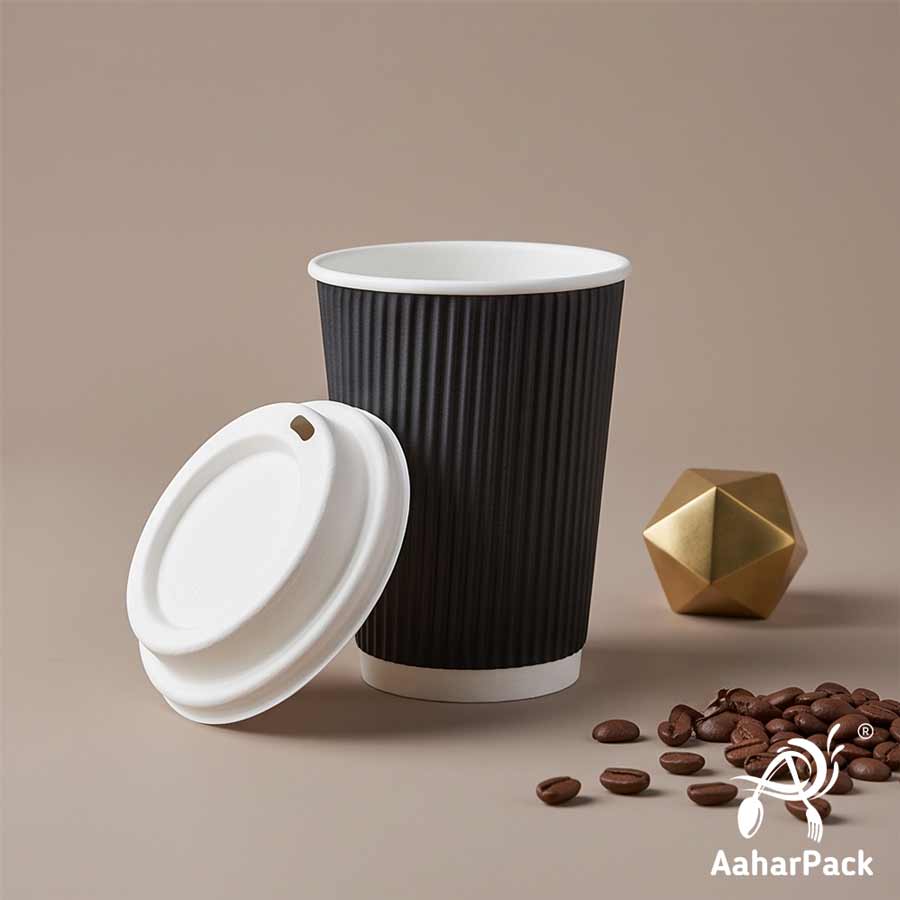 250 ML (8 oz) Black Ripple Wall Paper Cups With Bagasse Sipper Lids (Pack of 150) - 100% Compostable Premium Insulated Coffee Cups