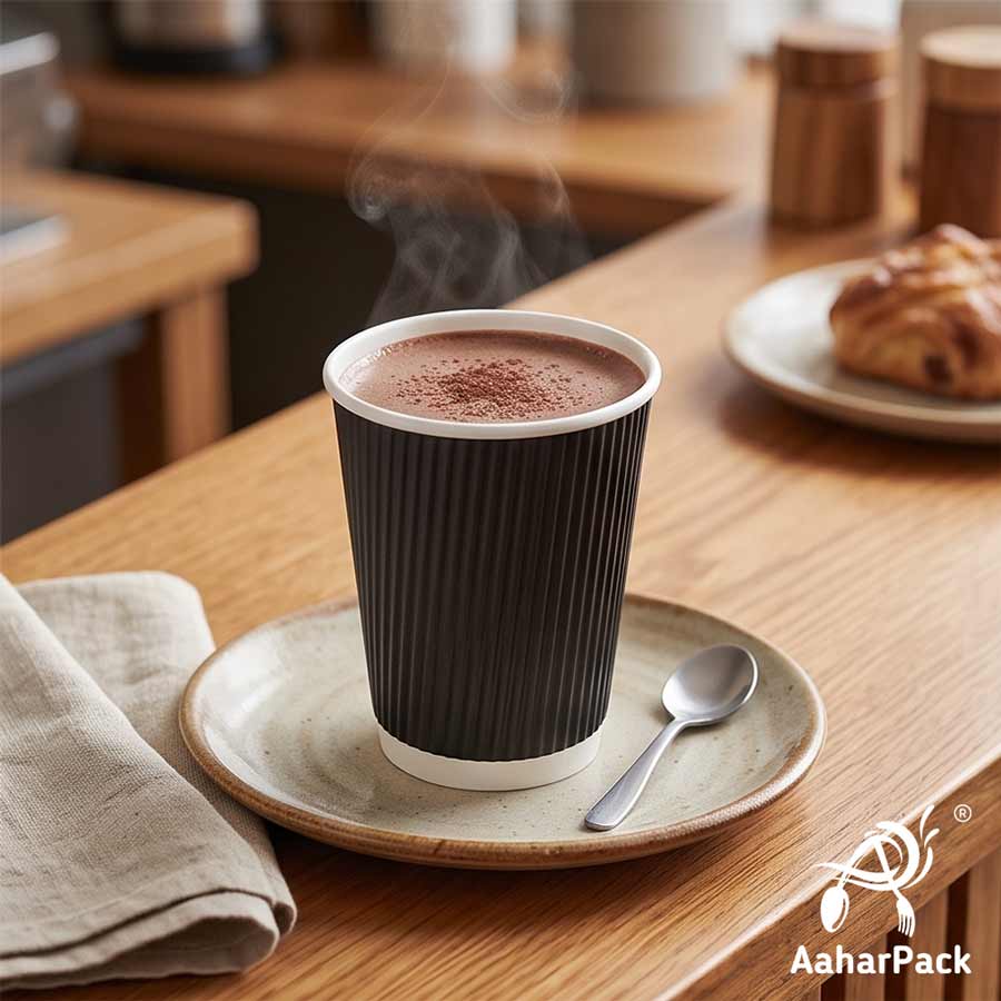 250 ML (8 oz) Black Ripple Wall Paper Cups With Bagasse Sipper Lids (Pack of 150) - 100% Compostable Premium Insulated Coffee Cups