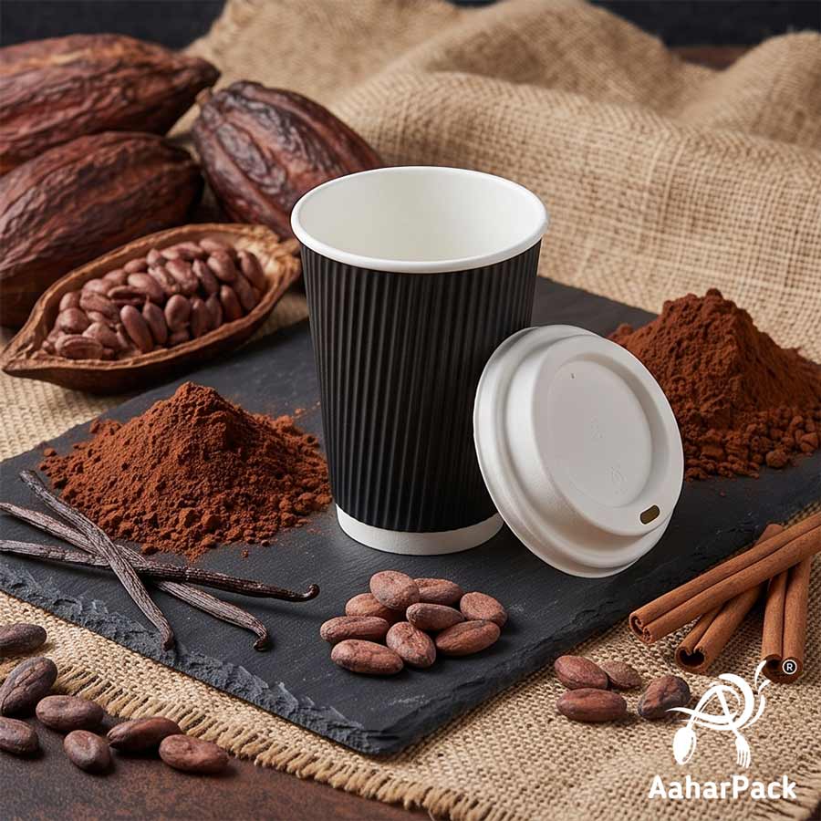 250 ML (8 oz) Black Ripple Wall Paper Cups With Bagasse Sipper Lids (Pack of 150) - 100% Compostable Premium Insulated Coffee Cups