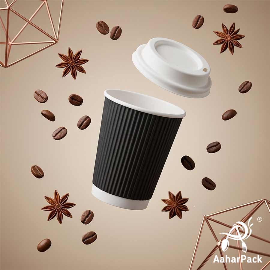 250 ML (8 oz) Black Ripple Wall Paper Cups With Bagasse Sipper Lids (Pack of 150) - 100% Compostable Premium Insulated Coffee Cups