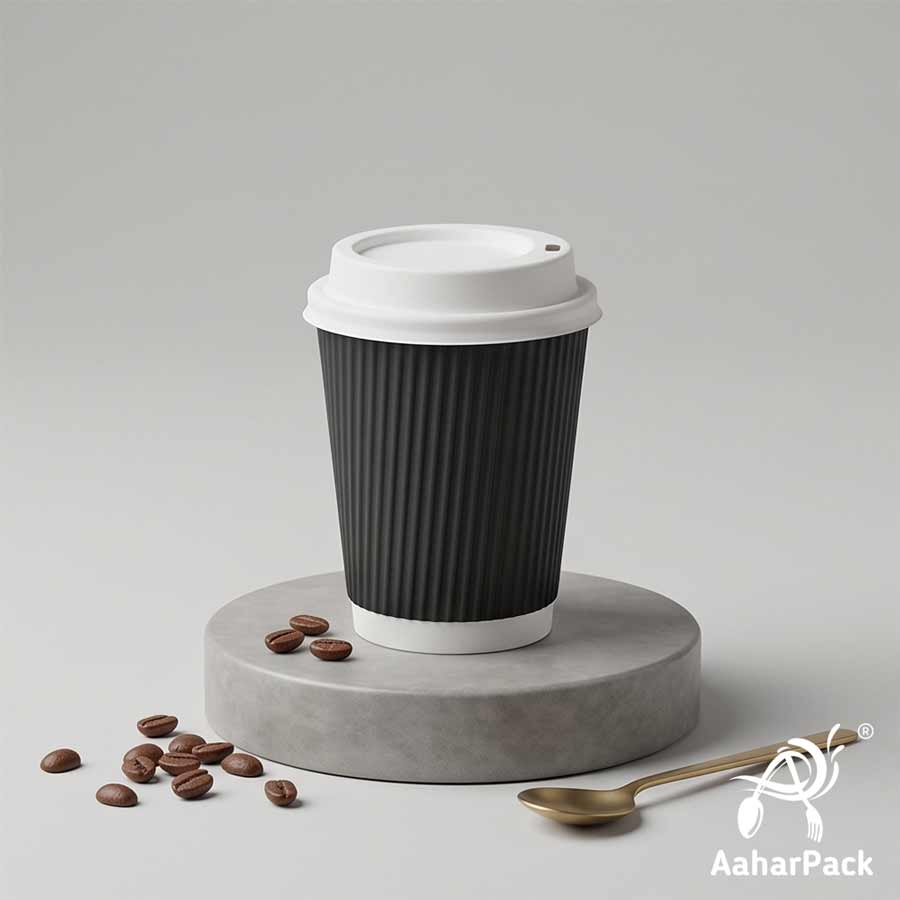 250 ML (8 oz) Black Ripple Wall Paper Cups With Bagasse Sipper Lids (Pack of 150) - 100% Compostable Premium Insulated Coffee Cups