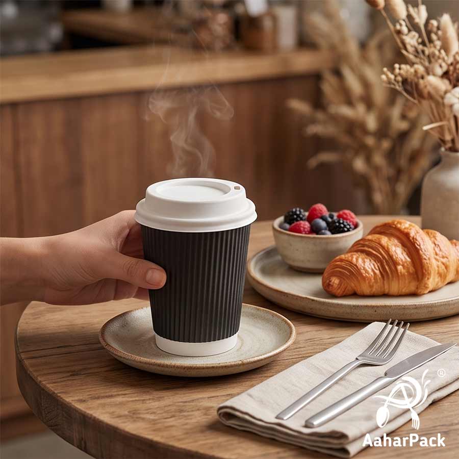 250 ML (8 oz) Black Ripple Wall Paper Cups With Bagasse Sipper Lids (Pack of 150) - 100% Compostable Premium Insulated Coffee Cups