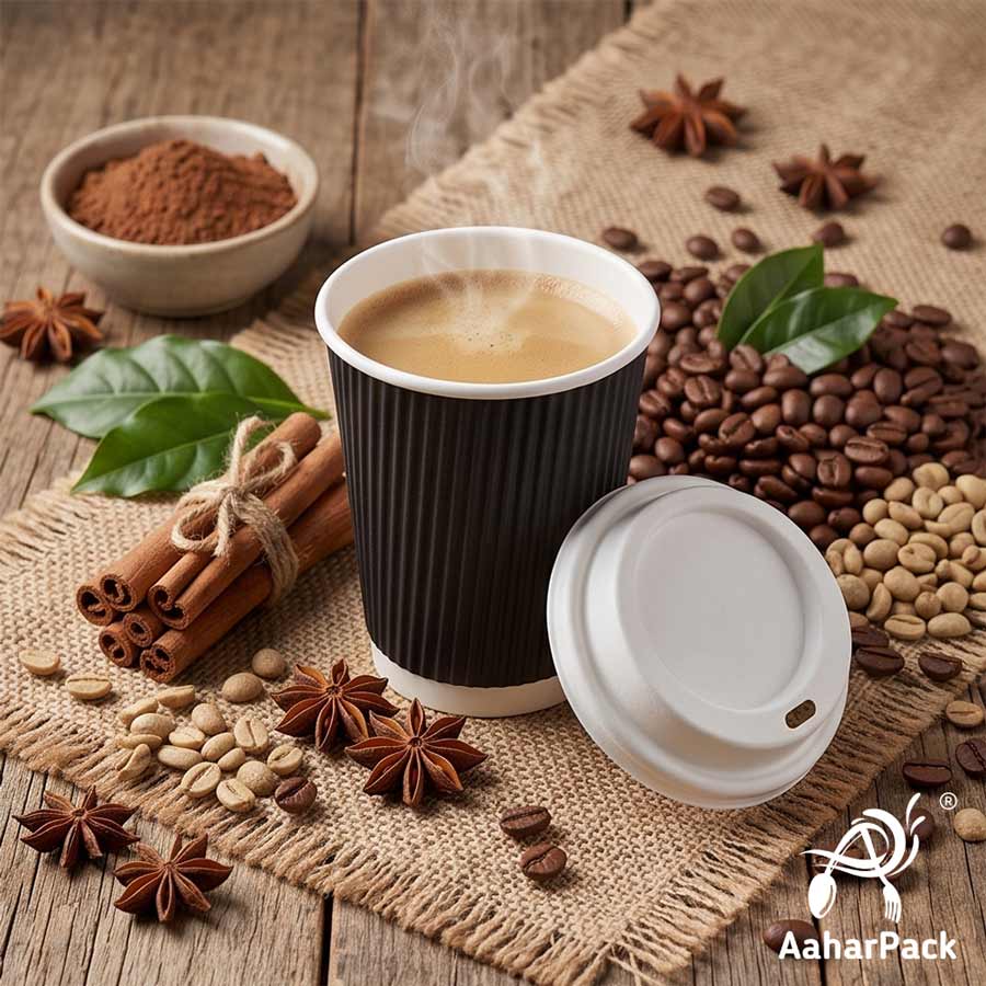 250 ML (8 oz) Black Ripple Wall Paper Cups With Bagasse Sipper Lids (Pack of 150) - 100% Compostable Premium Insulated Coffee Cups