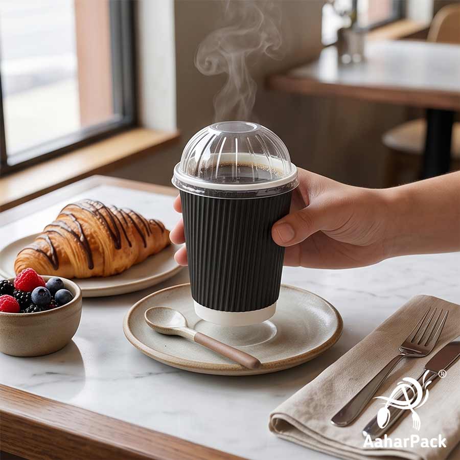 250 ML (8 oz) Black Ripple Wall Paper Cups With Dome Lids (Pack of 150) - Premium Insulated Takeaway Coffee Cups