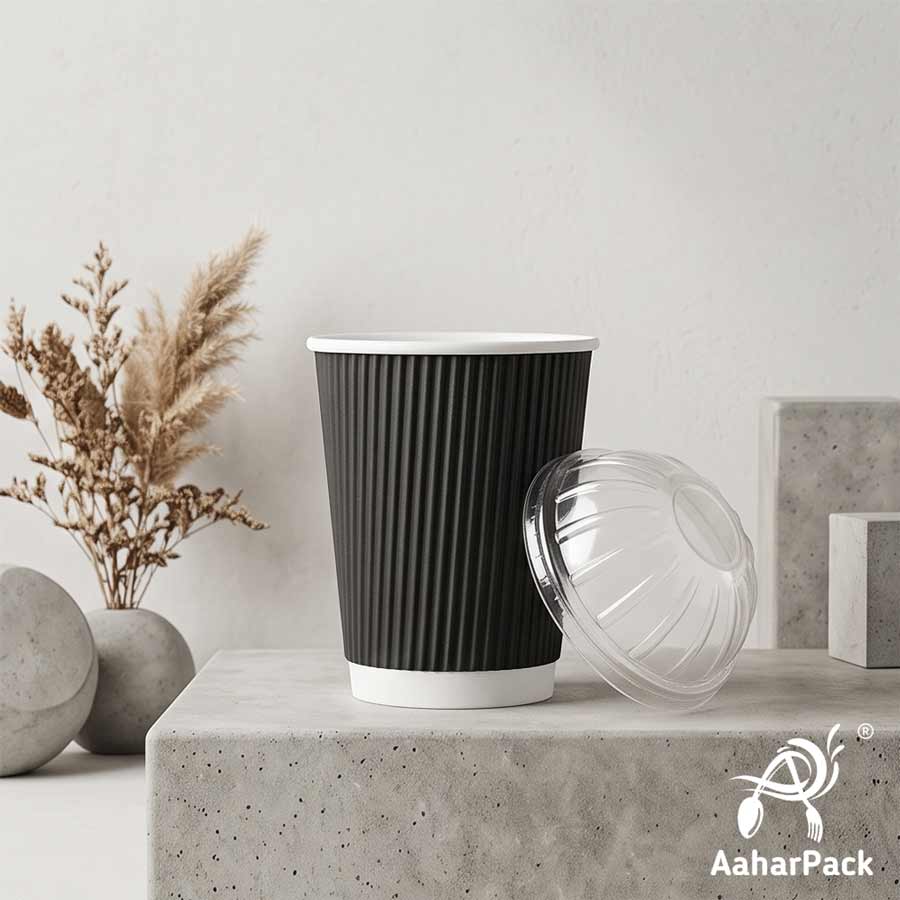 250 ML (8 oz) Black Ripple Wall Paper Cups With Dome Lids (Pack of 150) - Premium Insulated Takeaway Coffee Cups