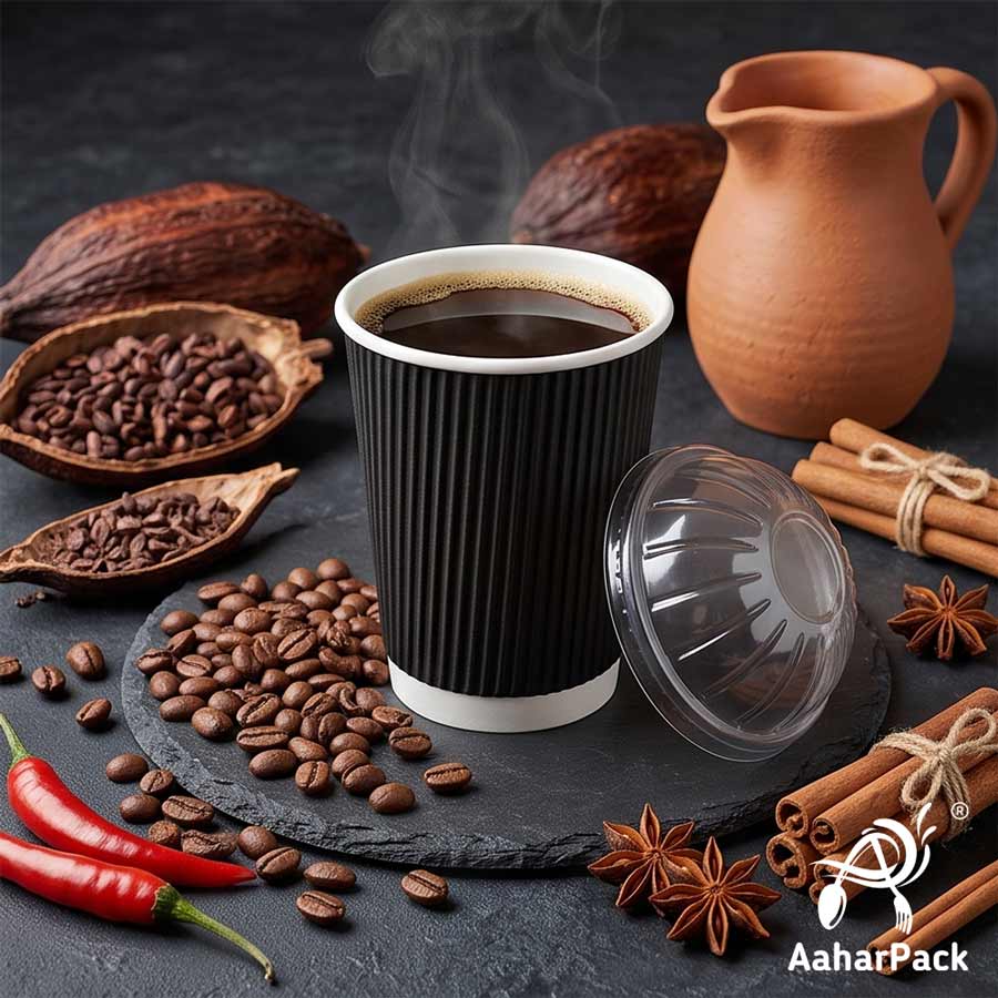250 ML (8 oz) Black Ripple Wall Paper Cups With Dome Lids (Pack of 150) - Premium Insulated Takeaway Coffee Cups
