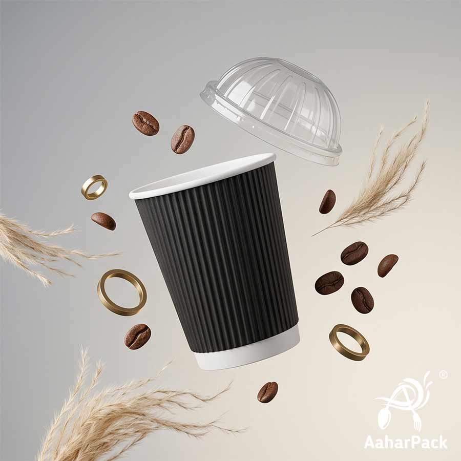 250 ML (8 oz) Black Ripple Wall Paper Cups With Dome Lids (Pack of 150) - Premium Insulated Takeaway Coffee Cups