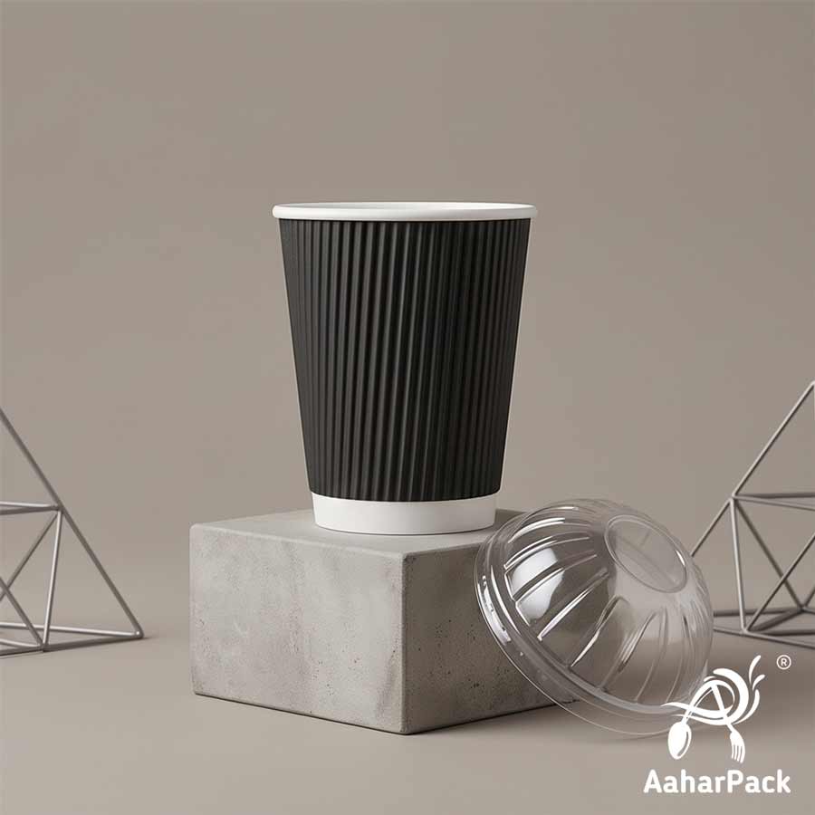 250 ML (8 oz) Black Ripple Wall Paper Cups With Dome Lids (Pack of 150) - Premium Insulated Takeaway Coffee Cups