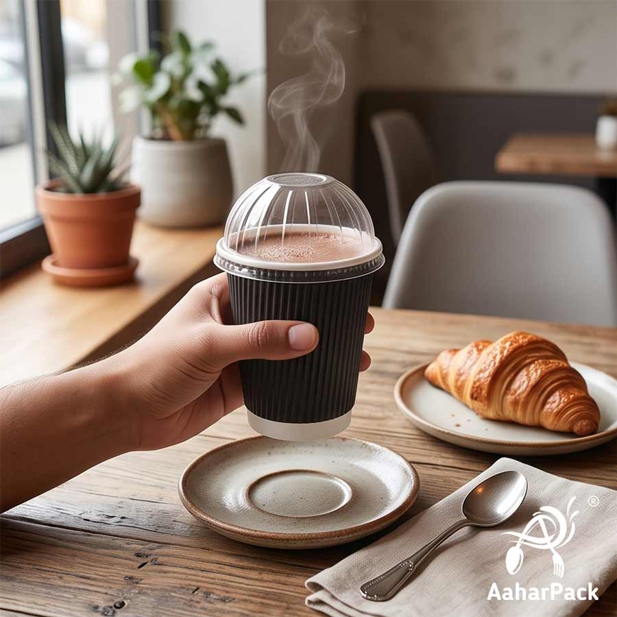 250 ML (8 oz) Black Ripple Wall Paper Cups With Dome Lids (Pack of 150) - Premium Insulated Takeaway Coffee Cups