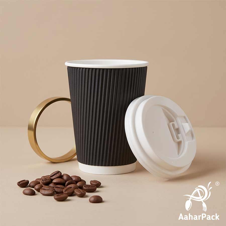 250 ML (8 oz) Black Ripple Wall Paper Cups with Lockable White Sipper Lids (Pack of 150) - Spill-Proof Insulated Takeaway Cups