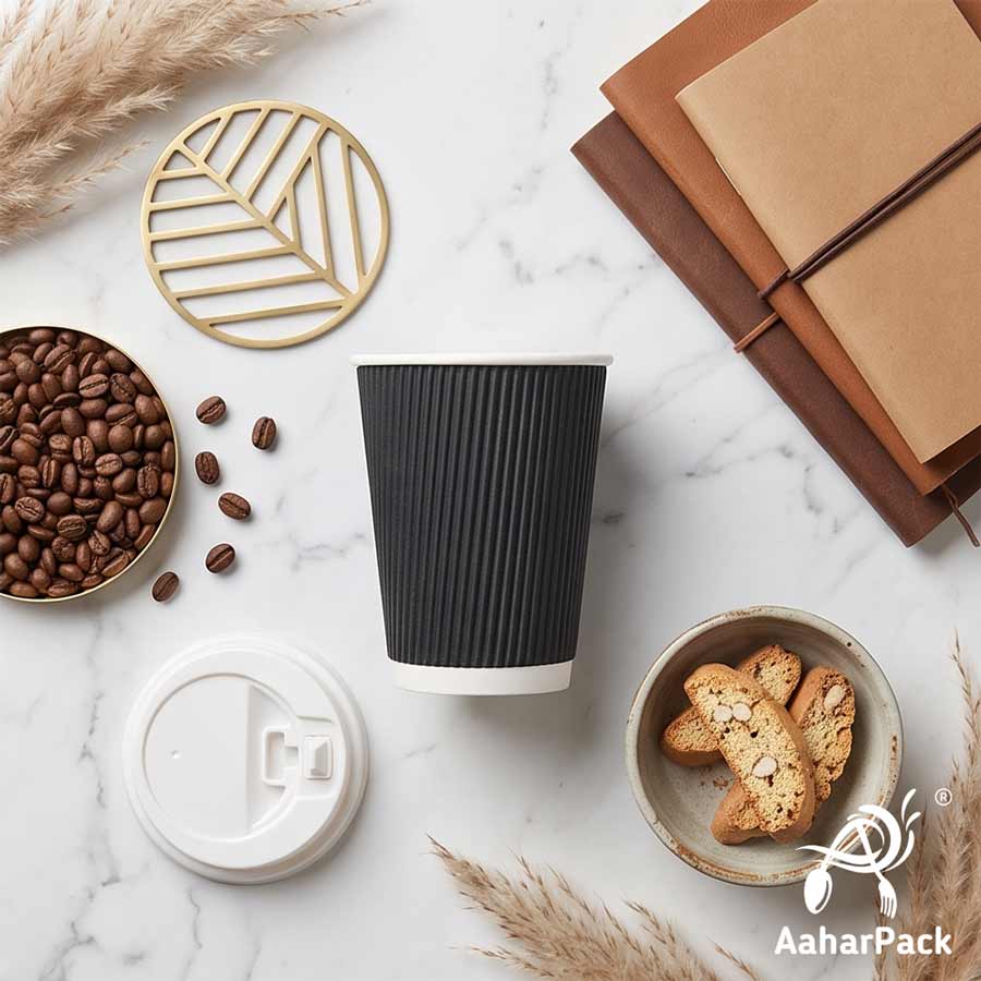 250 ML (8 oz) Black Ripple Wall Paper Cups with Lockable White Sipper Lids (Pack of 150) - Spill-Proof Insulated Takeaway Cups