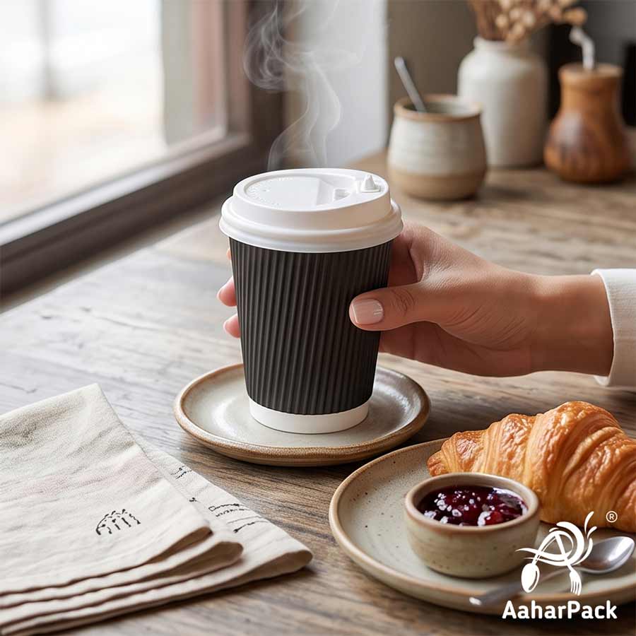 250 ML (8 oz) Black Ripple Wall Paper Cups with Lockable White Sipper Lids (Pack of 150) - Spill-Proof Insulated Takeaway Cups