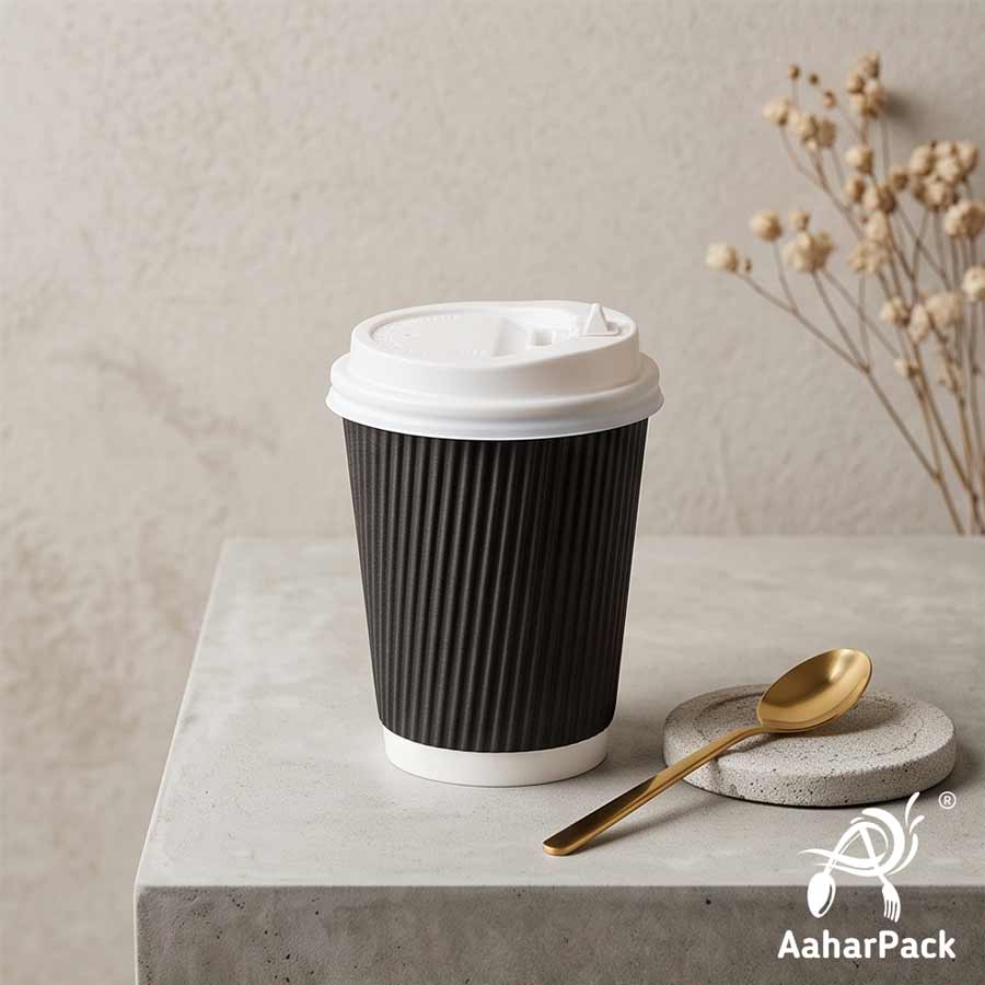 250 ML (8 oz) Black Ripple Wall Paper Cups with Lockable White Sipper Lids (Pack of 150) - Spill-Proof Insulated Takeaway Cups