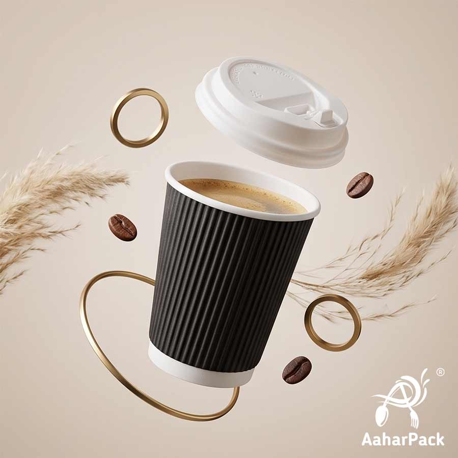 250 ML (8 oz) Black Ripple Wall Paper Cups with Lockable White Sipper Lids (Pack of 150) - Spill-Proof Insulated Takeaway Cups