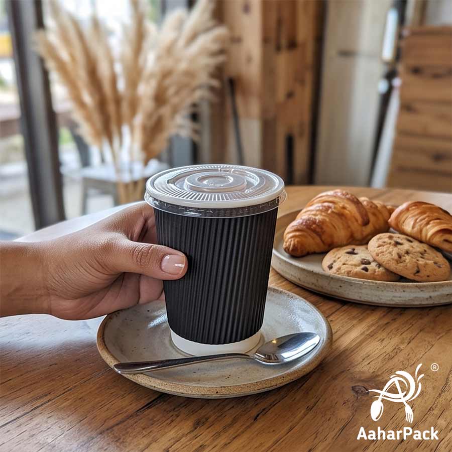 250 ML (8 oz) Black Ripple Wall Paper Cups With Flat Plastic Lids (Pack of 300) - Premium Insulated Takeaway Coffee Cups