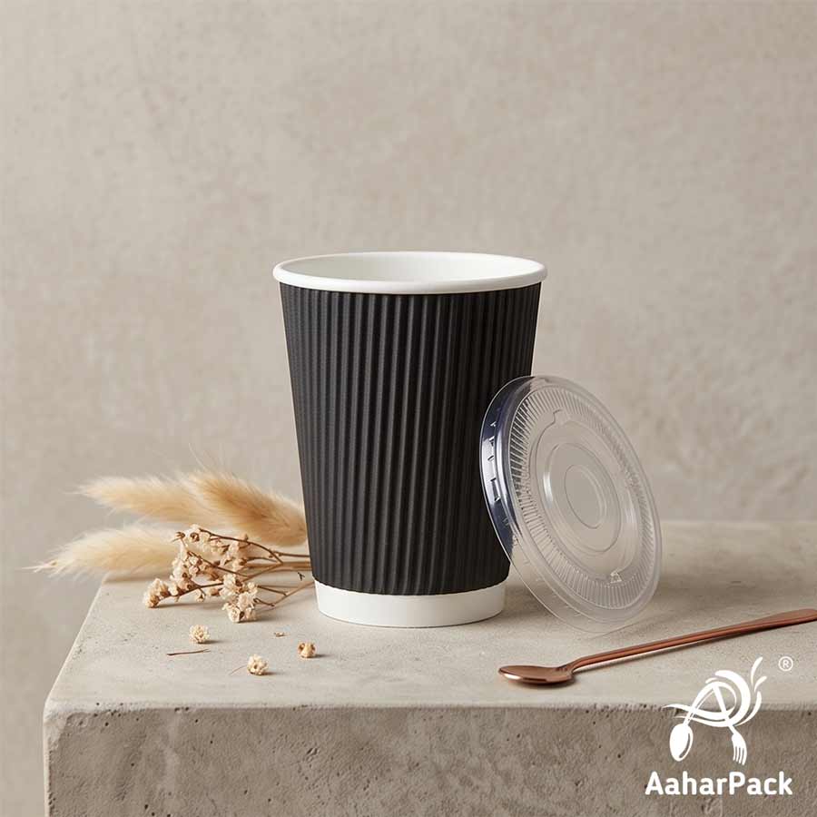 250 ML (8 oz) Black Ripple Wall Paper Cups With Flat Plastic Lids (Pack of 300) - Premium Insulated Takeaway Coffee Cups