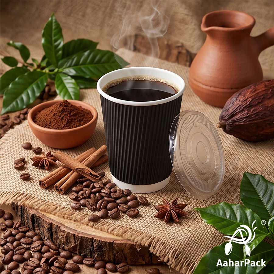 250 ML (8 oz) Black Ripple Wall Paper Cups With Flat Plastic Lids (Pack of 300) - Premium Insulated Takeaway Coffee Cups