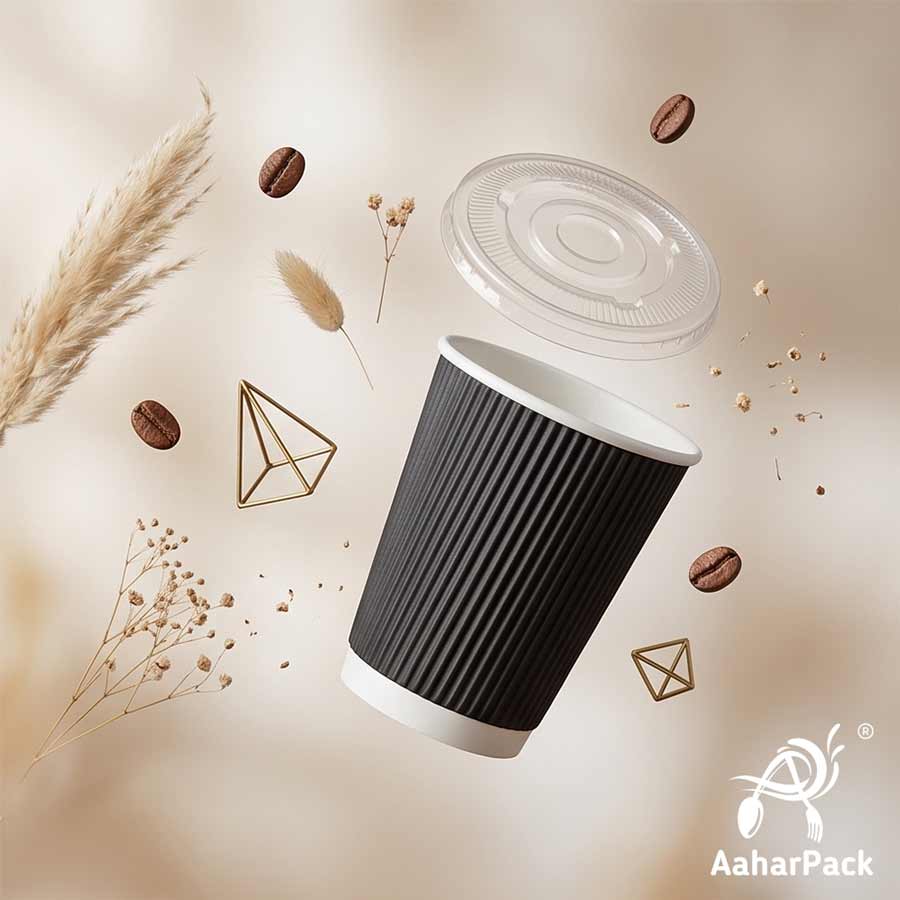 250 ML (8 oz) Black Ripple Wall Paper Cups With Flat Plastic Lids (Pack of 300) - Premium Insulated Takeaway Coffee Cups